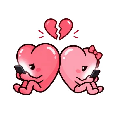 Two hearts sitting side by side, each absorbed in their own phone instead of each other