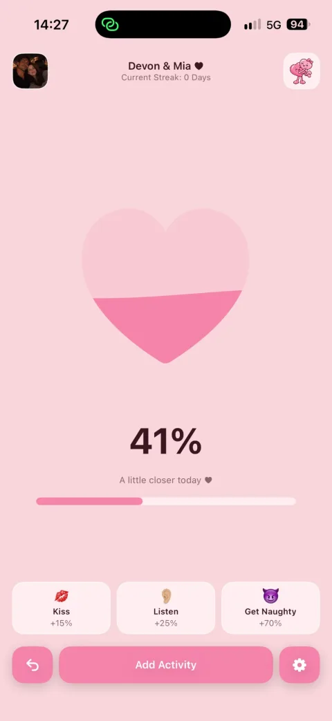 Buffaly home screen with the shared heart filled to 41 percent and the quick actions Kiss, Listen and Get Naughty